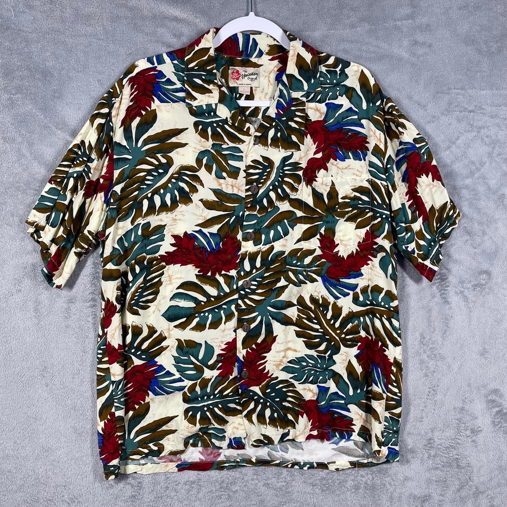 Hilo Hattie Hawaiian Shirt Mens Large Cream Tropical‎ Monstera Floral Button Up